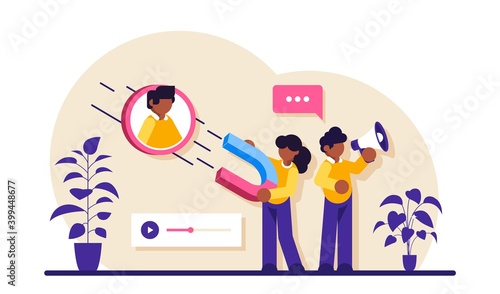 Find leads flat concept vector. Find new customer, content creation, sales funnel. Generate sales leads, digital marketing strategy, build brand awareness. Modern illustration.