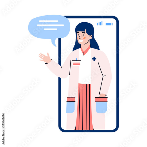 Mobile phone screen with woman doctor or pharmacist cartoon character giving consultation or prescription, flat vector illustration isolated on white background.