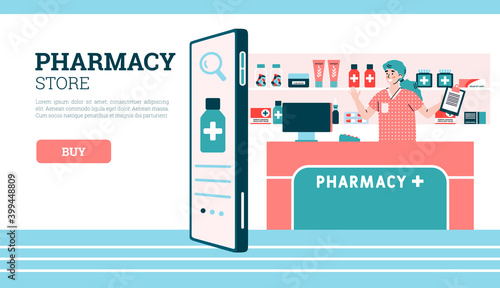 Pharmacy store web banner mockup with cheerful friendly pharmacist female cartoon character stands at counter, flat vector illustration. Website interface of pharma store.