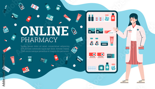 App for online pharmacy store with distance selects drugs and medications and consultation of doctor or pharmacist. Medicine ordering via internet. Vector illustration.