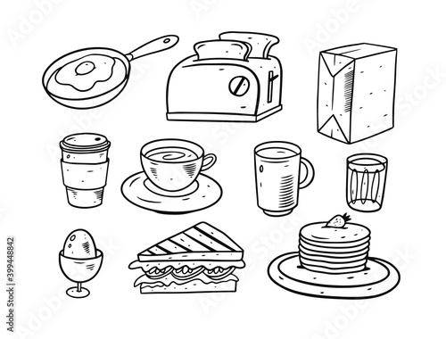 Breakfast doodle elements set. Hand drawing vector illustration. Cartoon style.