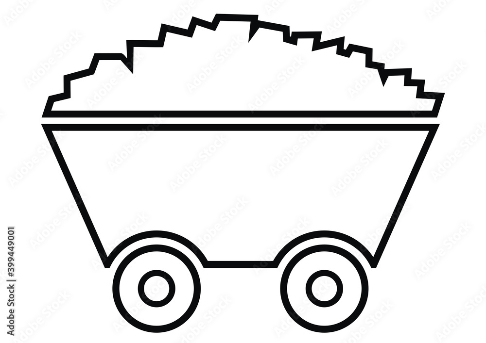 Trolley with coal, black and white vector icon. Contour of wagon with stone Trolley with coal, black and white vector icon. Contour of wagon with stone