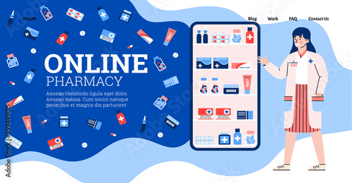 Landing page template with app for online pharmacy store with distance selects and ordering medicine and consultation of doctor or pharmacist. Vector illustration.