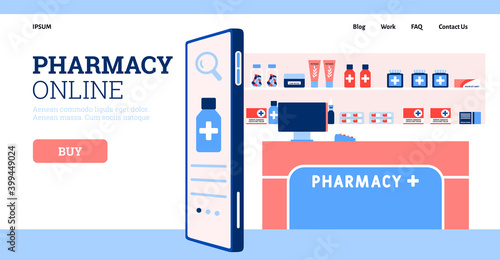 Design for web site of online pharmacy store. Remote select and buy medications using smartphone. Medicine ordering via internet. Landing page template. Vector illustration.