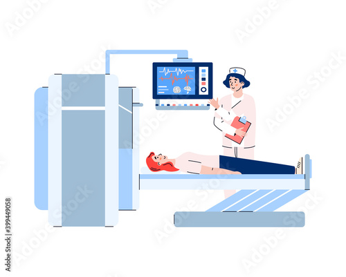 Patient undergoes MRI or X-ray medical examinations of health, flat cartoon vector illustration isolated on white background. Magnetic resonance researches of body.