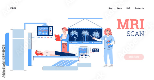 Web page template for MRI scan medial diagnostic, flat cartoon vector illustration. Human body diseases diagnosis with MRI scanner and computer diagnostic.