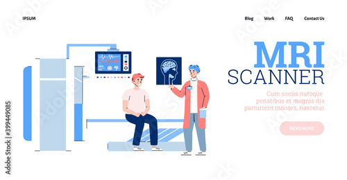 MRI research website banner with patient and doctor near MRI scanner, flat cartoon vector illustration. Computer healthcare researchers using Magnetic Resonance scanner.