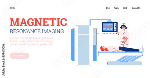 Magnetic resonance imaging or MRI scan medial diagnostic method web banner, flat cartoon vector illustration. Computer research clinic landing page or website interface.