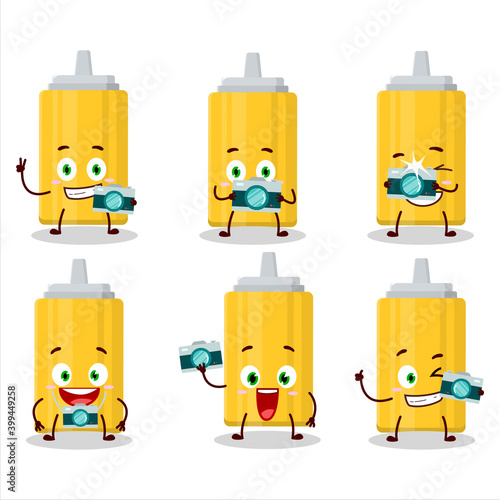 Photographer profession emoticon with mustard bottle cartoon character