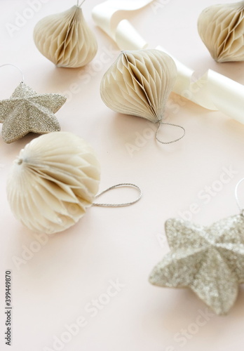 Christmas background . New Year decorations on beige background. Top view. po...