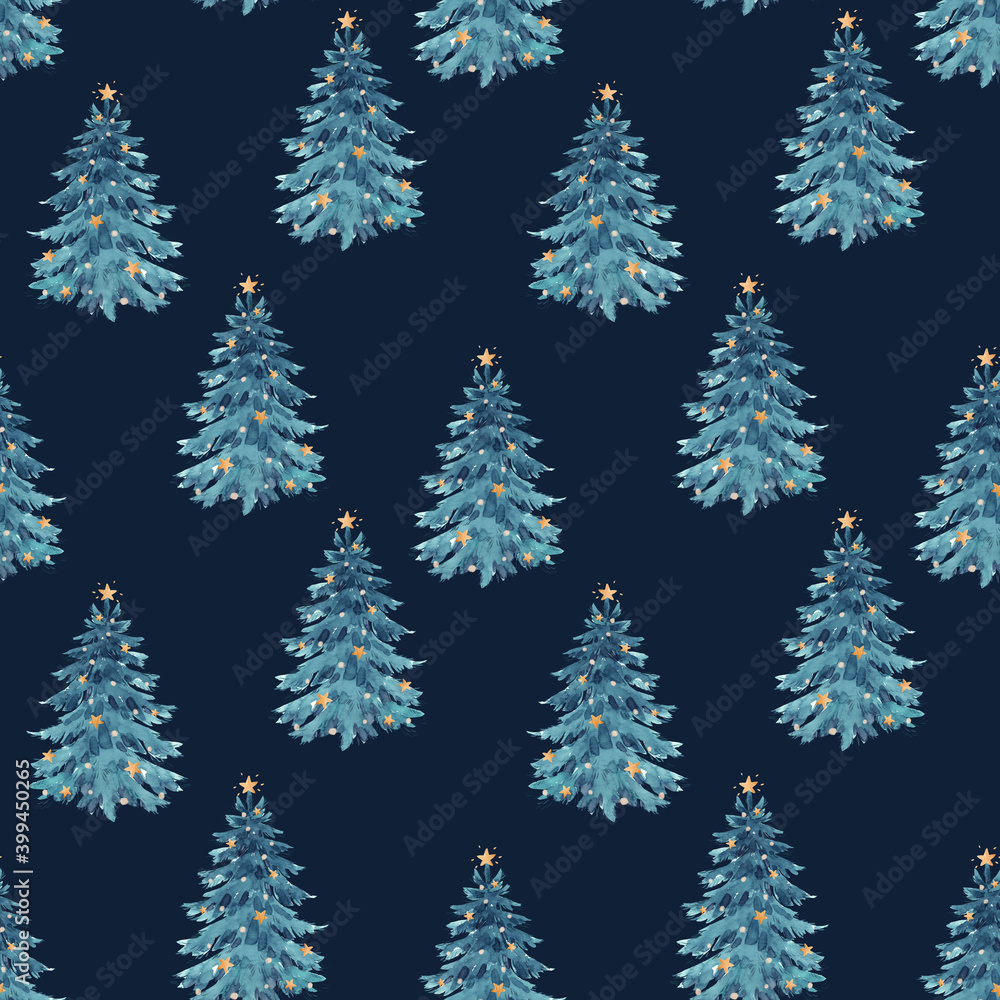 Beautiful seamless pattern with watercolor christmas fir tree. Stock illustration.