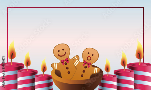 happy merry christmas card with gingerman cookies and candles