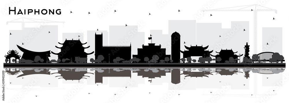 Haiphong Vietnam City Skyline Silhouette with Black Buildings and Reflections Isolated on White.