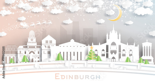 Edinburgh Scotland City Skyline in Paper Cut Style with Snowflakes, Moon and Neon Garland.