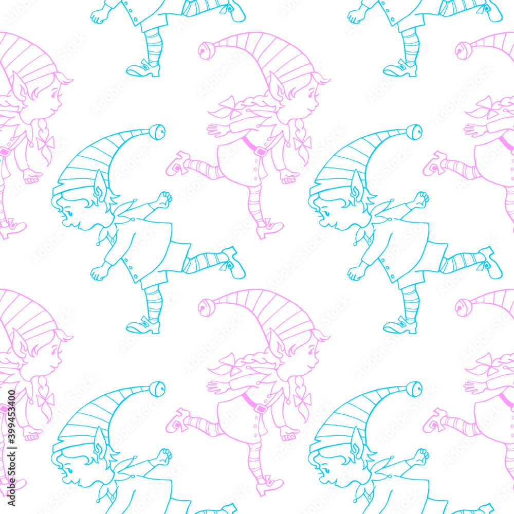 Vector seamless pattern with outline Christmas elves. New year Xmas hand drawn backgrounds and textures. For greeting cards, wrapping paper, packaging, textile, cover