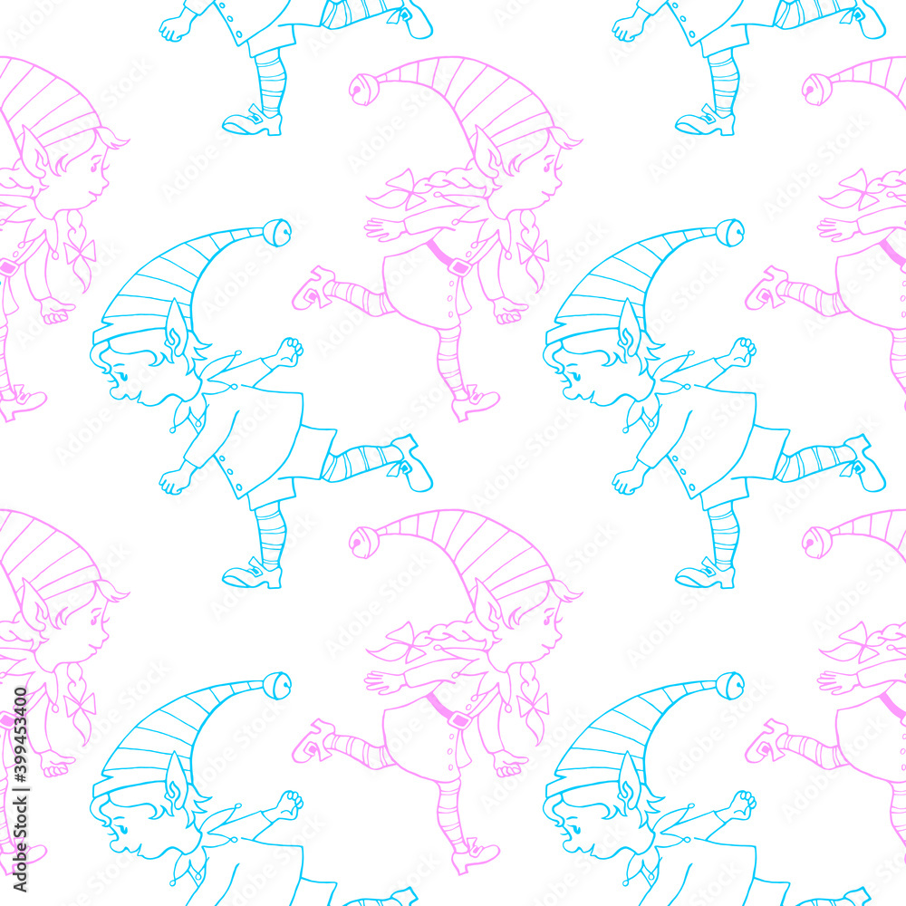 Vector seamless pattern with outline Christmas elves. New year Xmas hand drawn backgrounds and textures. For greeting cards, wrapping paper, packaging, textile, cover Vector seamless pattern with outline Christmas elves. New year Xmas hand drawn backgrounds and textures. For greeting cards, wrapping paper, packaging, textile, cover