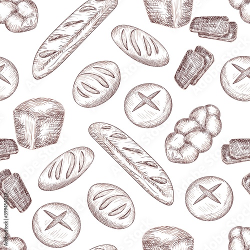 Bread, baguette, loaf. Bakery products. Baking food isolated illustration. Hand drawn buns doodle seamless pattern. Background of pencil chalk drawing sketches. Graphics, shading, line art.