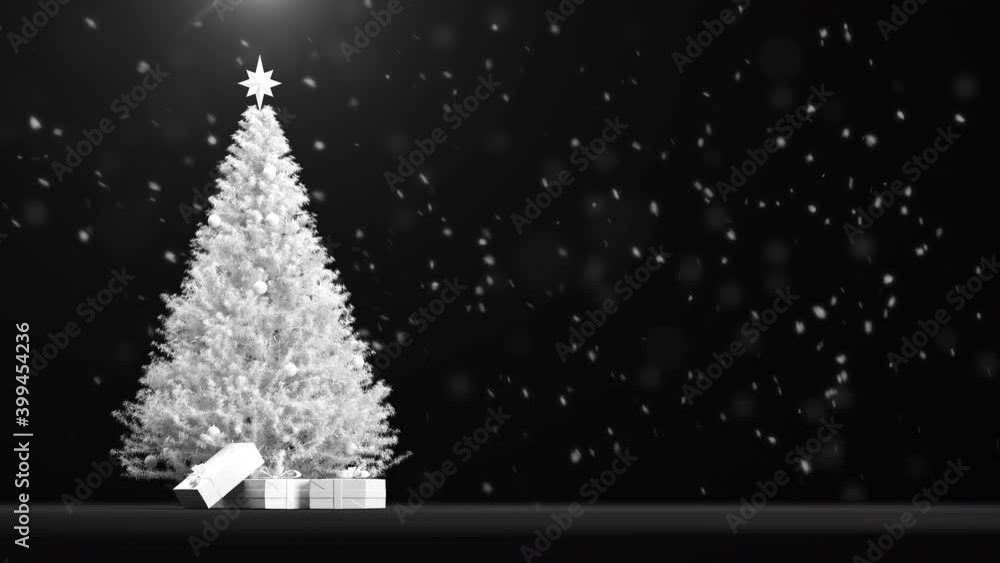 White Christmas Tree with gift box set with snow particles falling on white Background. Selective focus. 3D animation. Christmas Concept idea. White Christmas Tree with gift box set with snow particles falling on white Background. Selective focus. 3D animation. Christmas Concept idea.