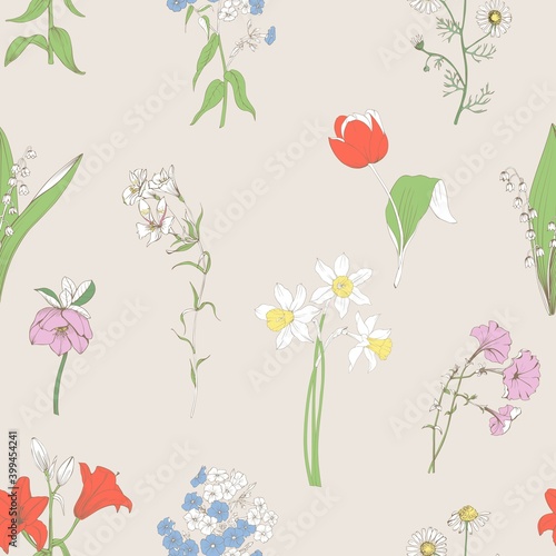 Flowers on ivory background seamless pattern. Lilies, Phlox, lilies of the valley, winter roses, petunias and Phlox in vector drawing.