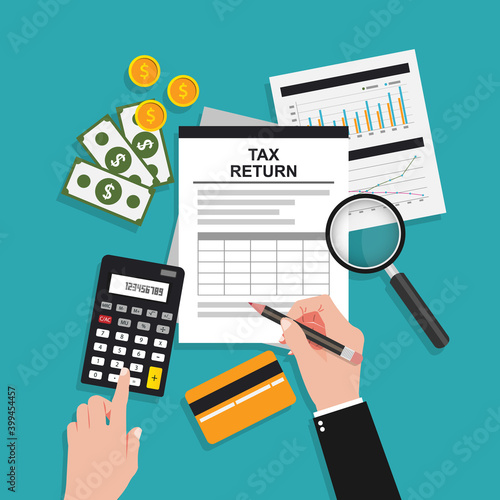 Tax accounting composition with hands and tools symbol vector illustration.