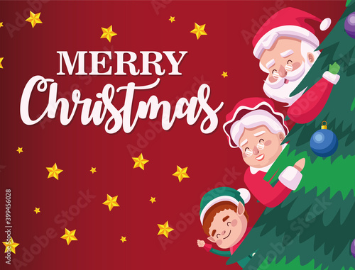 happy merry christmas lettering card with santa family and elf in pine tree