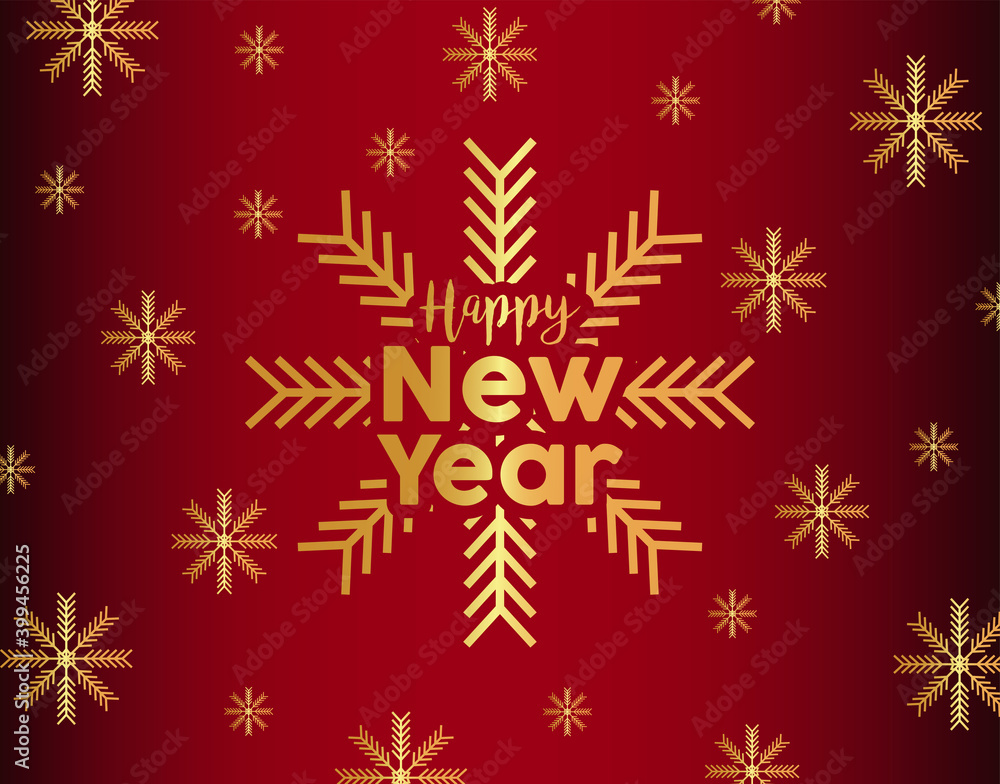 happy new year lettering golden card with snowflakes pattern happy new year lettering golden card with snowflakes pattern