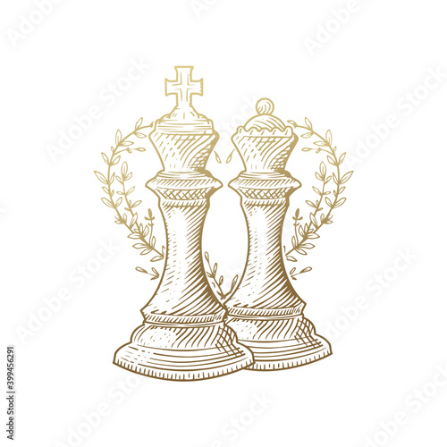 King and queen, luxury gold engraving chess pieces  with floral decoration