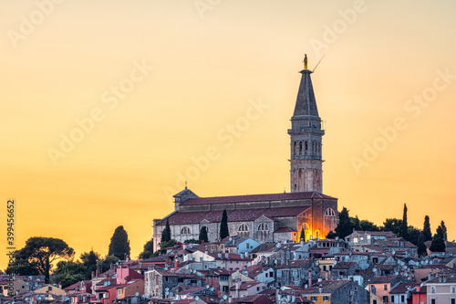 The old town of Rovinj in Croatia with the iconic Saint Euphemia church at sunset