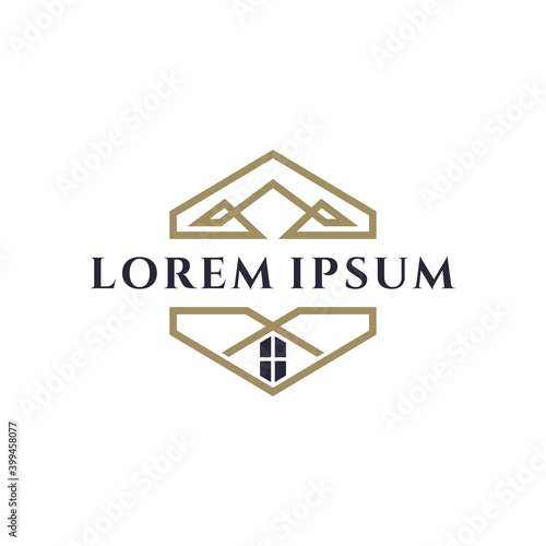 Mountain cabin emblem logo with line art concept