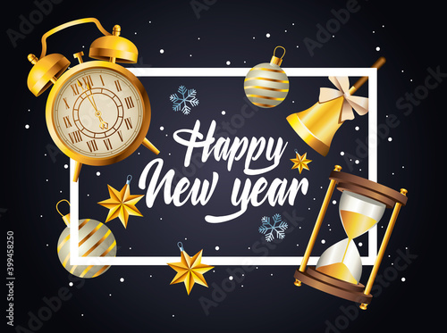 happy new year lettering with celebration set icons in square frame