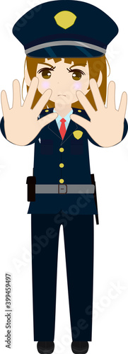 両手を出してストップのポーズの可愛い女の子の警備員のイラスト