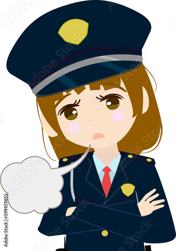 疲れてため息をつく可愛い女の子の警備員の上半身のイラスト