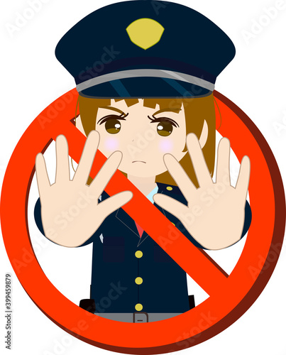 侵入禁止マークとストップの手のポーズをする警備員のイラスト