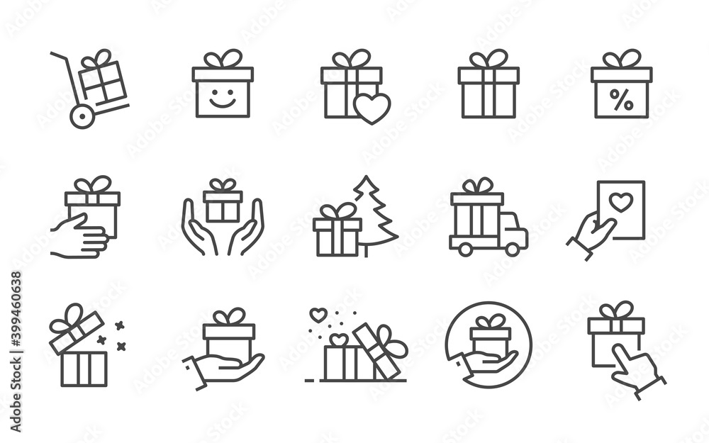 Gift box icon set. Collection of present, package, discount ribbon and more. Vector illustration. Editable stroke.