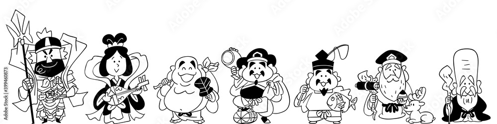 横一列に並んだ七福神のモノクロイラスト Stock ベクター Adobe Stock