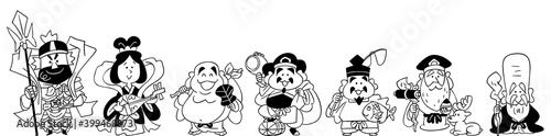 横一列に並んだ七福神のモノクロイラスト
