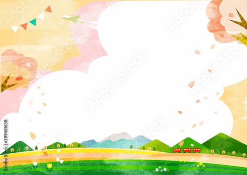 桜色の春のお出かけポスター背景イラスト　満開の桜とお花畑