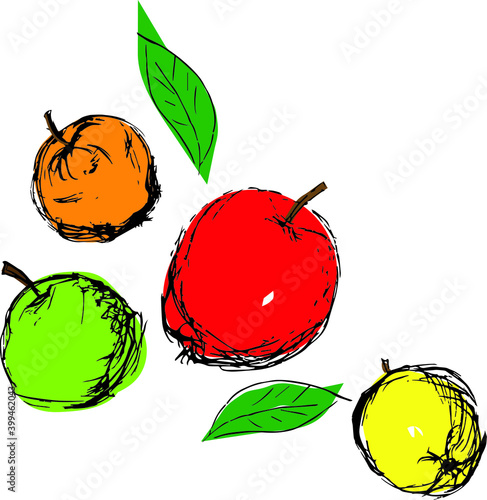 Sketch color version. Vector illustration. Hand drawn painting on white background. Yellow, red, orange and green apple with leaf. Design for printing, menu, cartoons, cards, posters, restrain menu.