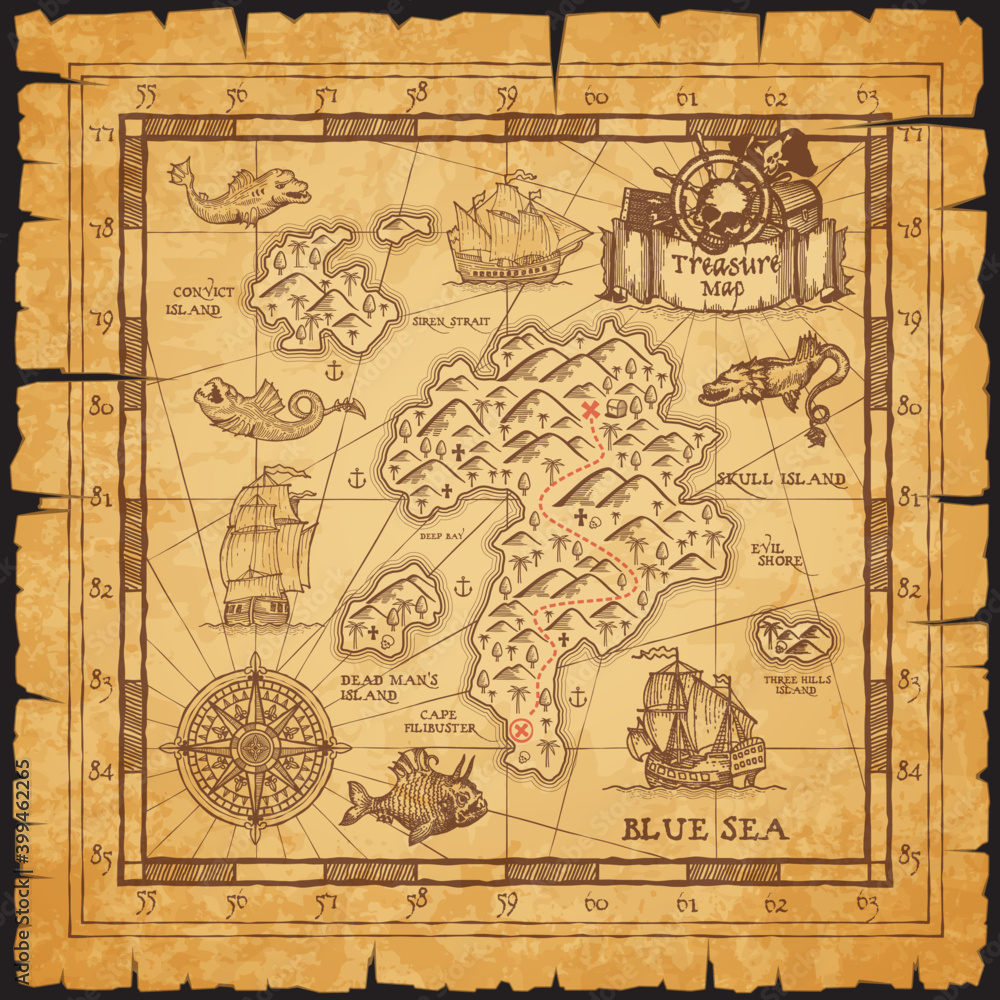 Fototapeta premium Pirate treasure map of skull island vector sketch