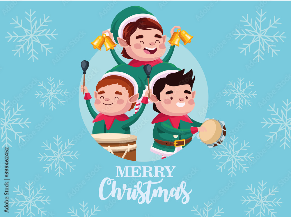 group of santa helpers playing instruments and bells