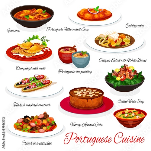 Portuguese seafood and fish dishes with desserts