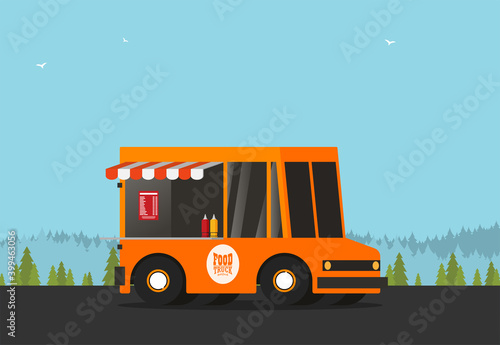 Street food truck vector illustration, food caravan. Burger van delivery. Flat icon