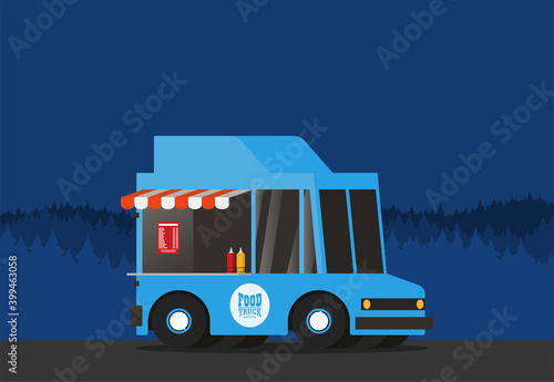 Street food truck vector illustration, food caravan. Burger van delivery. Flat icon