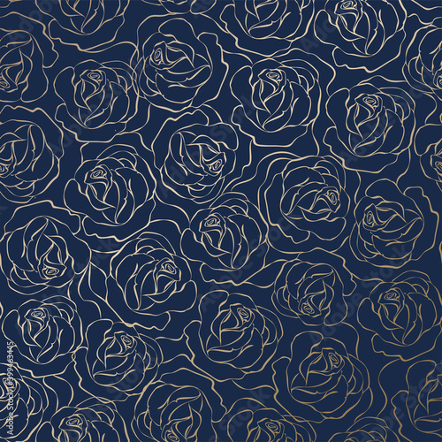 Gold outline of flowers from roses on a blue background