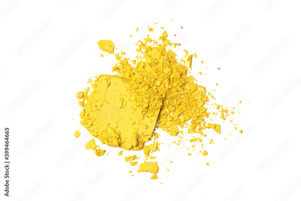 Obraz na plátně Yellow broken eyeshadows isolated on white background