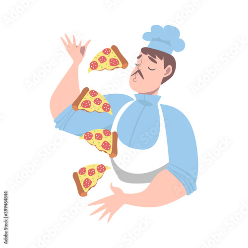 Chef Juggling with Pieces of Tasty Pizza, Pizza Maker Character in Hat and Apron Cooking in the Kitchen Cartoon Style Vector Illustration