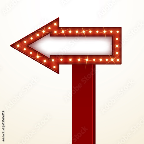 Retro arrow with shiny led lamps, direction pointer, vector illustration