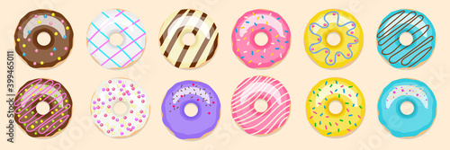 Donuts. Donut vector set isolated on white background. Donuts in colorful glaze, assorted baby sweets, confectionery for menu design, cafe decoration and set of vector glazed delivery box lids.