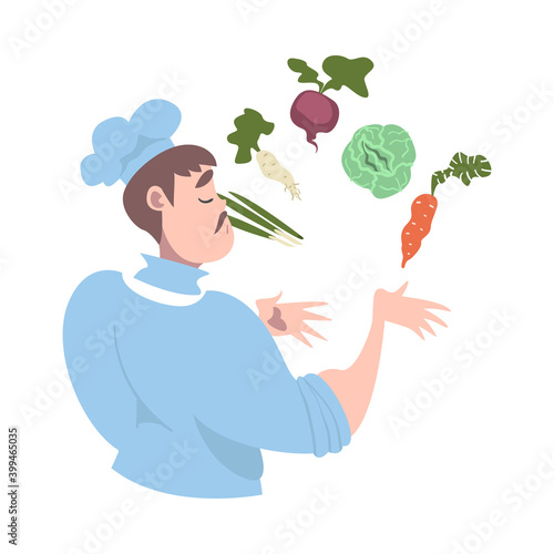 Chef Juggling with Fresh Vegetables, Cook Character in Hat and Apron Cooking in the Kitchen Cartoon Style Vector Illustration