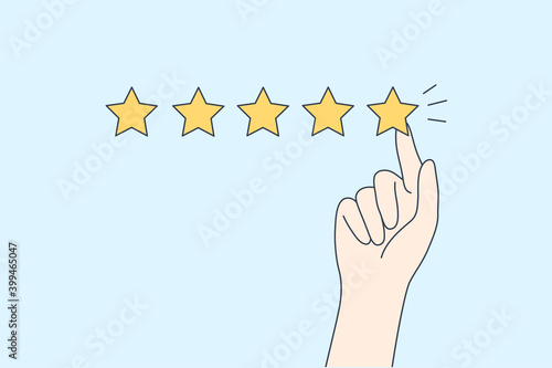 Excellent rating, perfect service and customer feedback concept. Hyman hand showing five star excellent rating with client experience on blue background vector illustration 